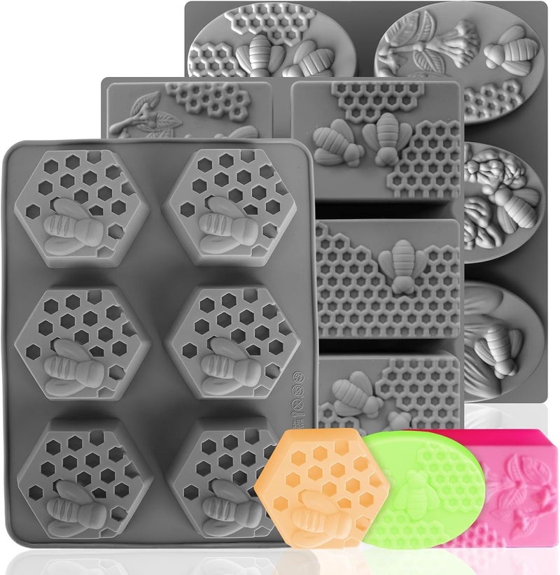 Fuehbur (More Styles Optional) 3 Pack Bee Soap Silicone Molds Set, Oval, Rectangular and Hexagon Shape 6 Cavities Honeycomb Moulds for DIY Craft, Wax Melts Beeswax, 3PCS - Image 1